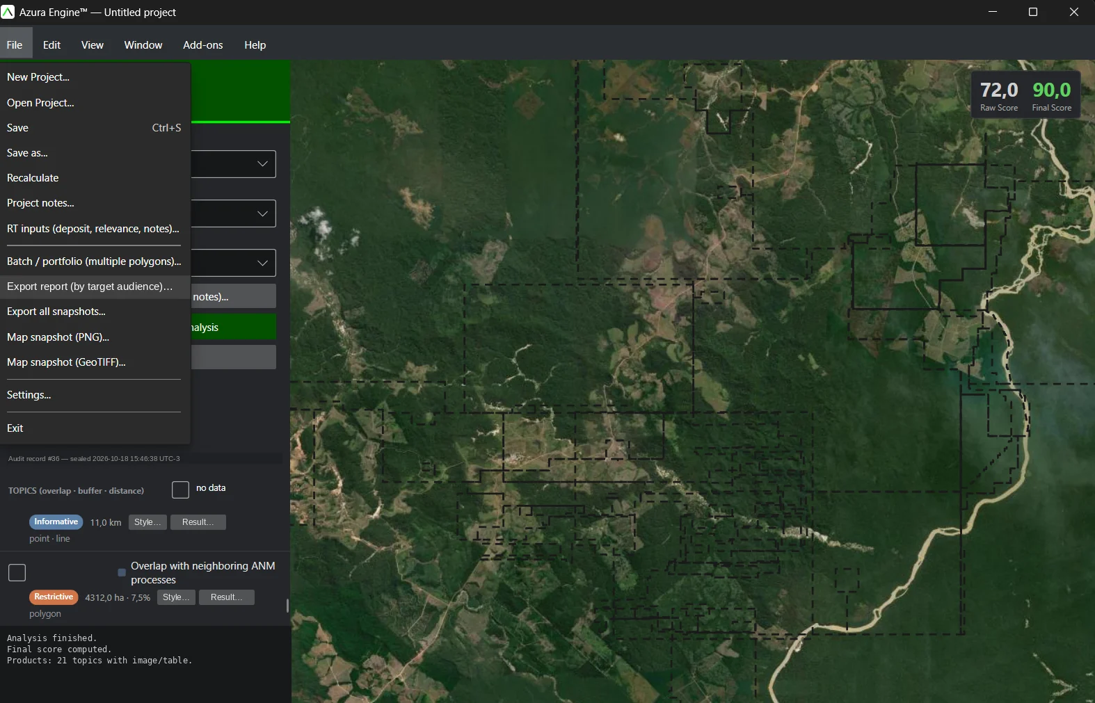 Azura Engine™ file menu with report options, batch mode and map exports